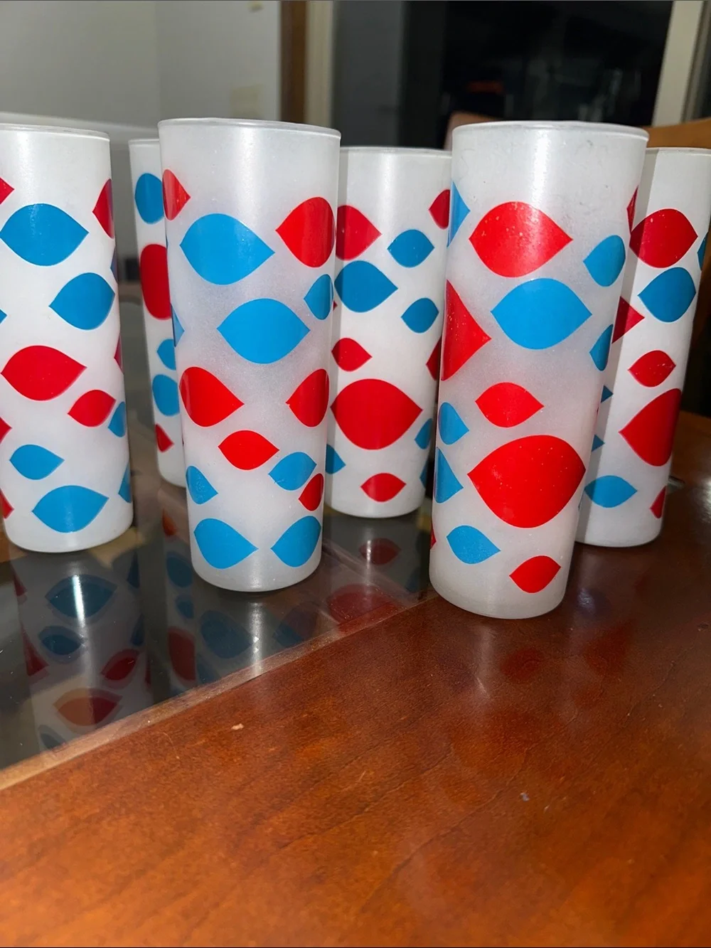 Retro Frosted Highball Glasses with Red & Blue Dot Pattern - Set of 6 - Picture 2 of 7